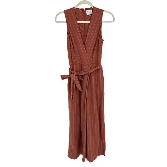 Saylor Emery Stripe Jumpsuit in Rust Size XS Linen Blend Wide Leg Preppy Coastal - Picture 4 of 11